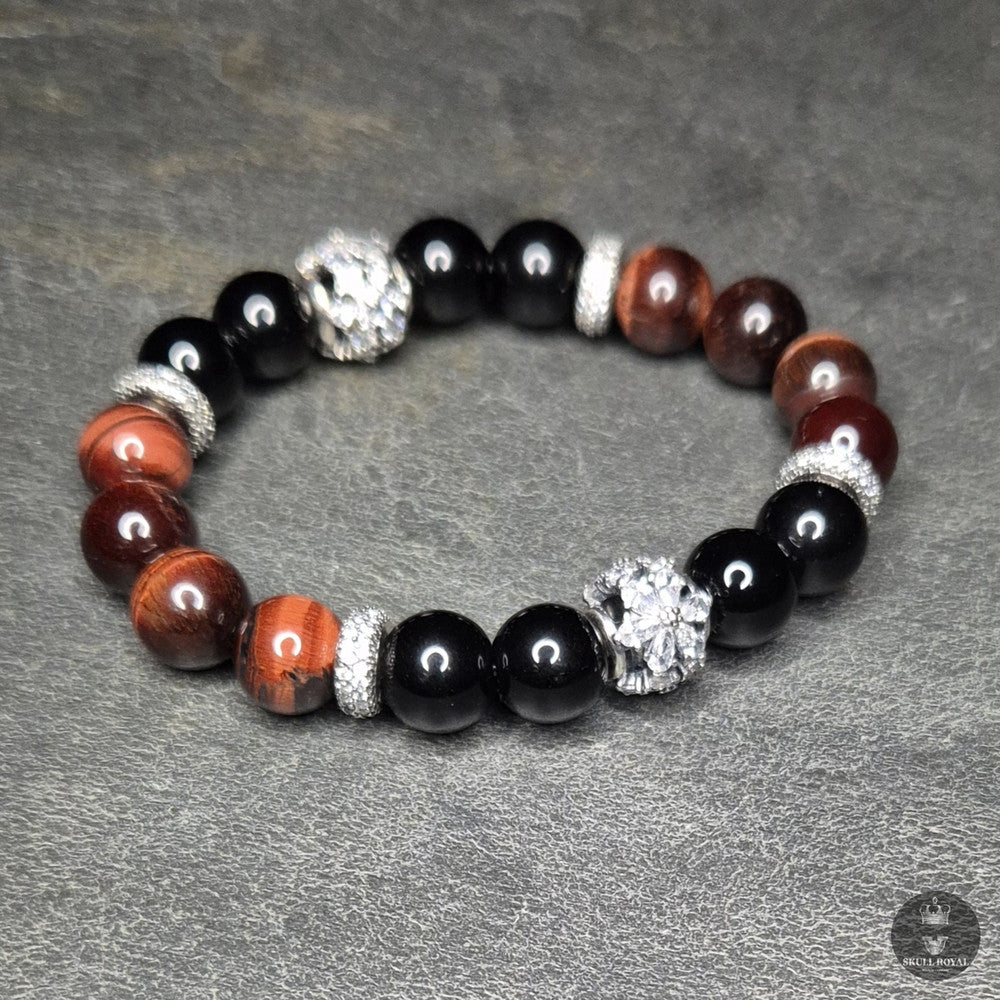 Damenarmband mit 10 mm Perlen aus rotem Tigerauge und Onyx, silberne Zirkonia-Zwischenelemente, handgefertigt, XS bis 4XL