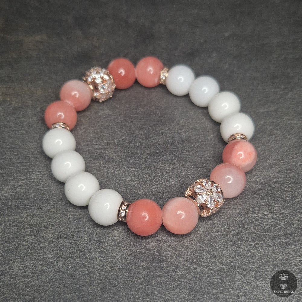Damenarmband mit weißen Natursteinen Korallenrosa Schmuck, handgefertigt in Deutschland, erhältliund Zirkonia, ch bis 4XL Übergröße