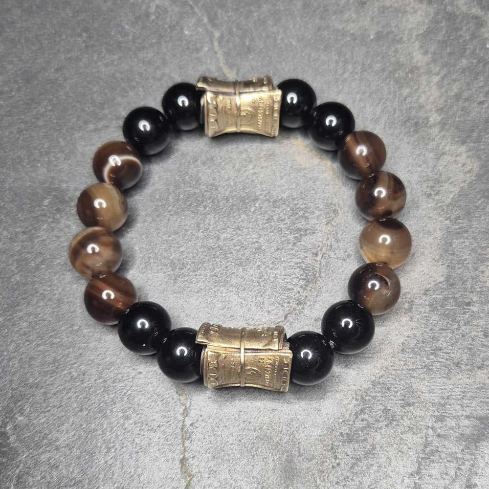 Herrenarmband aus schwarzem Onyx und gebändertem Achat mit goldener Geldrolle, SKULL ROYAL