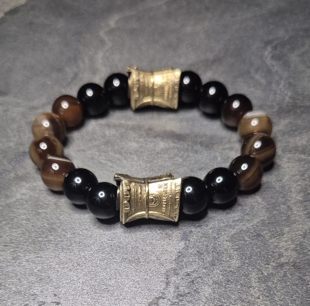 Luxuriöses Männerarmband aus Onyx und gebändertem Achat, goldene Zwischenelemente