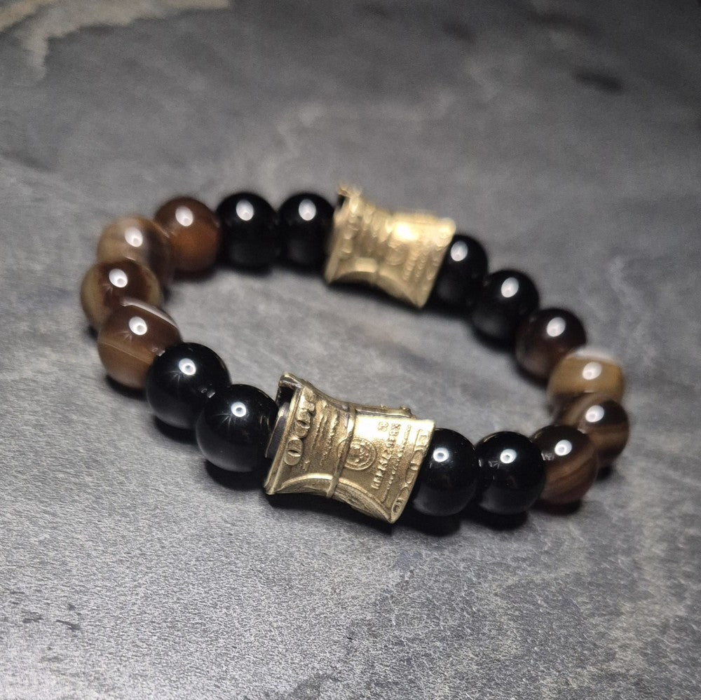 Schwarzer Onyx trifft braunen Achat, Armband mit goldenen Geldrollen, SKULL ROYAL
