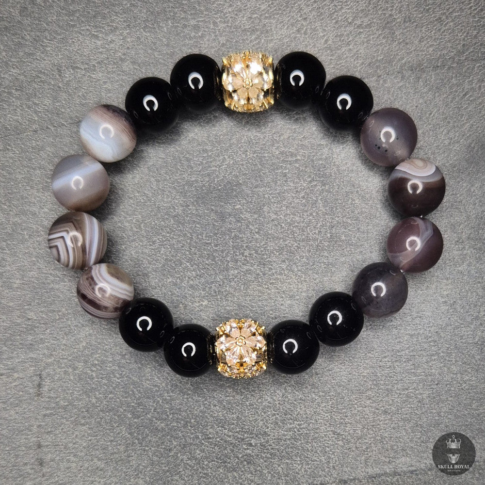 skull royal star duet p10, natursteinarmband 10mm aus botswana achat und onyx, doppelte zirkonia kugeln in gelbgold optik
