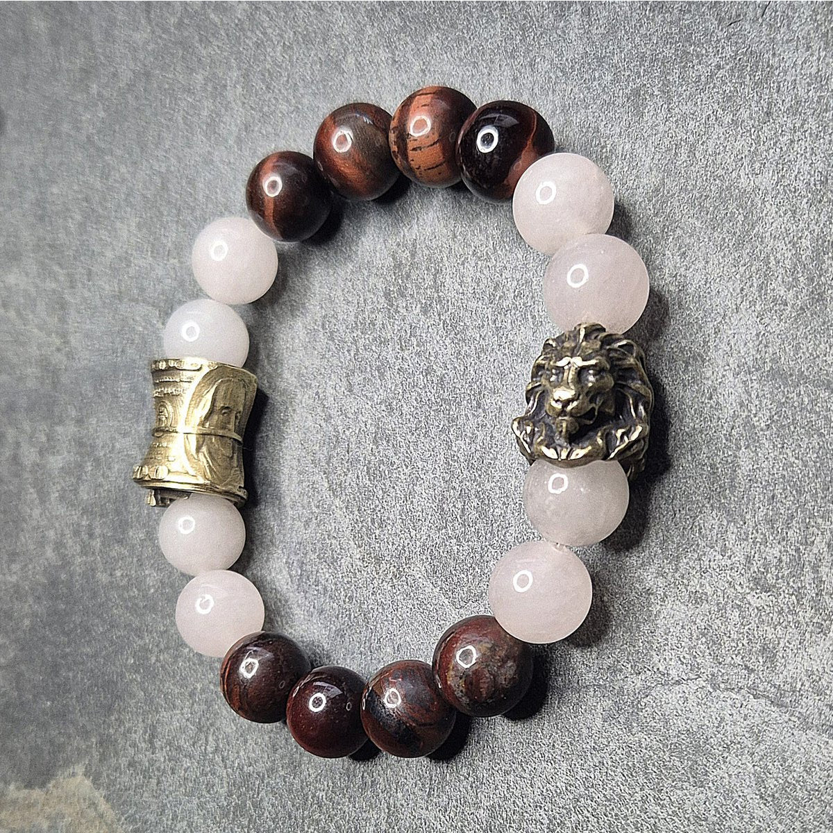 Exklusives Herrenarmband mit goldfarbenem Loewenkopf, Tigerauge, rosequarz und Geldrolle, Groessen bis XXXL