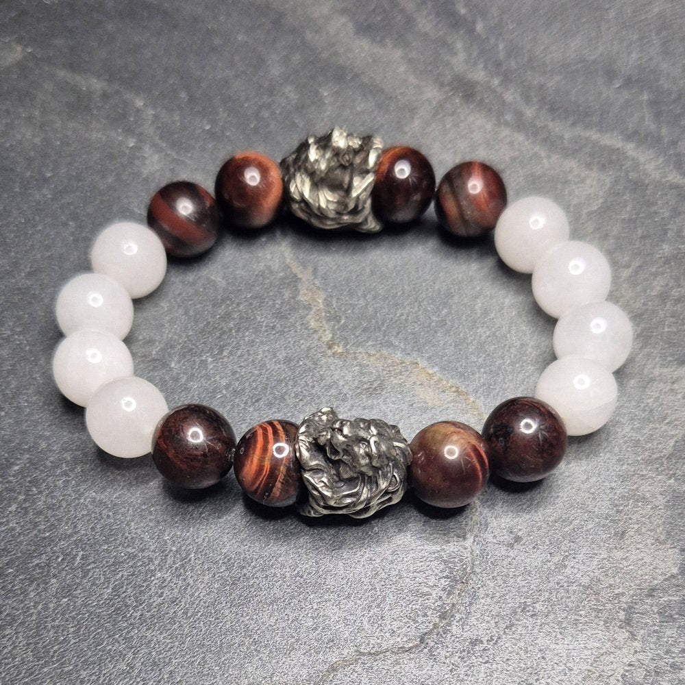 SKULL ROYAL Armband mit Löwenkopf, 12mm Perlen aus Quarz und rotem Tigerauge, maskulin und hochwertig