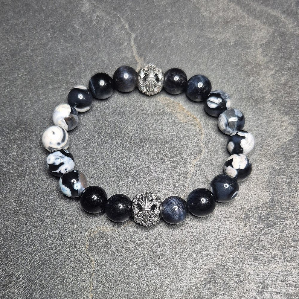 Armband mit 10 mm Drachenachat und Falkenauge, Royal Guard Design, handgefertigt in Deutschland