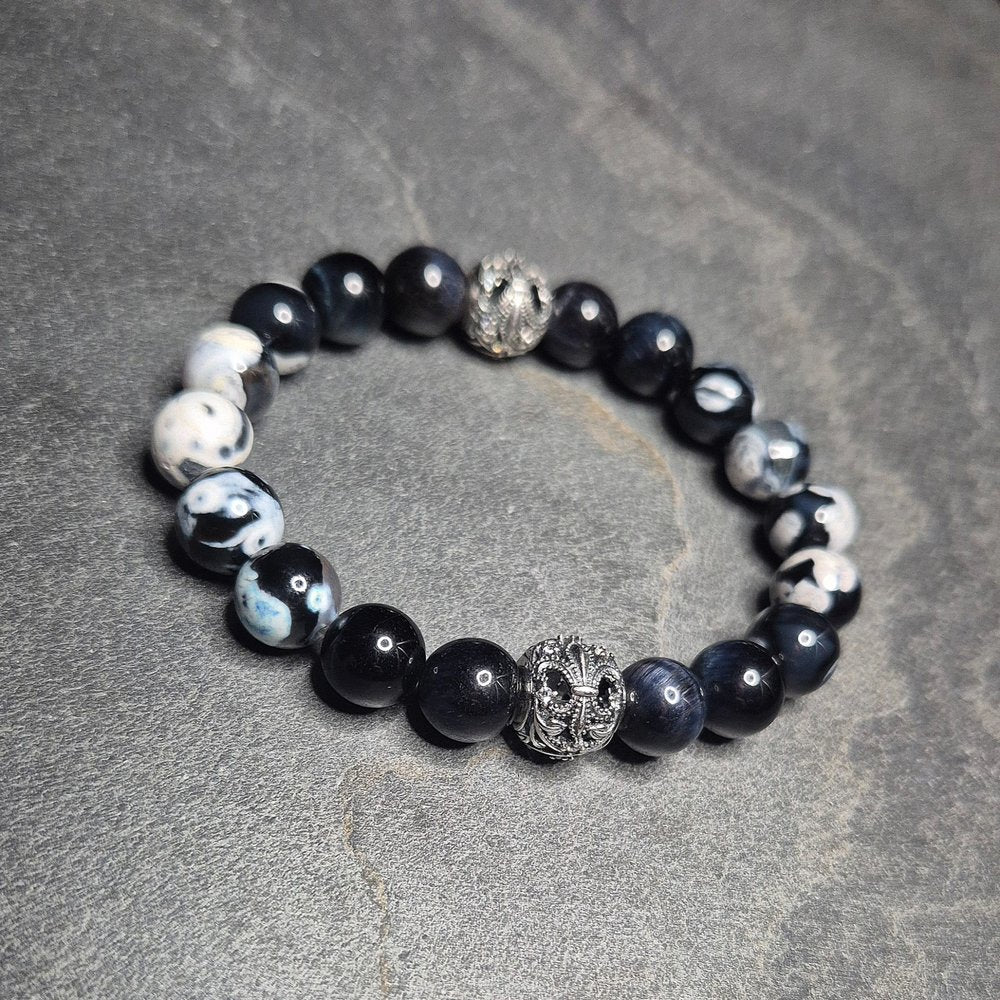 Herrenarmband mit Drachenachat und Wappenelement, 10 mm, SKULL ROYAL, Unikatschmuck