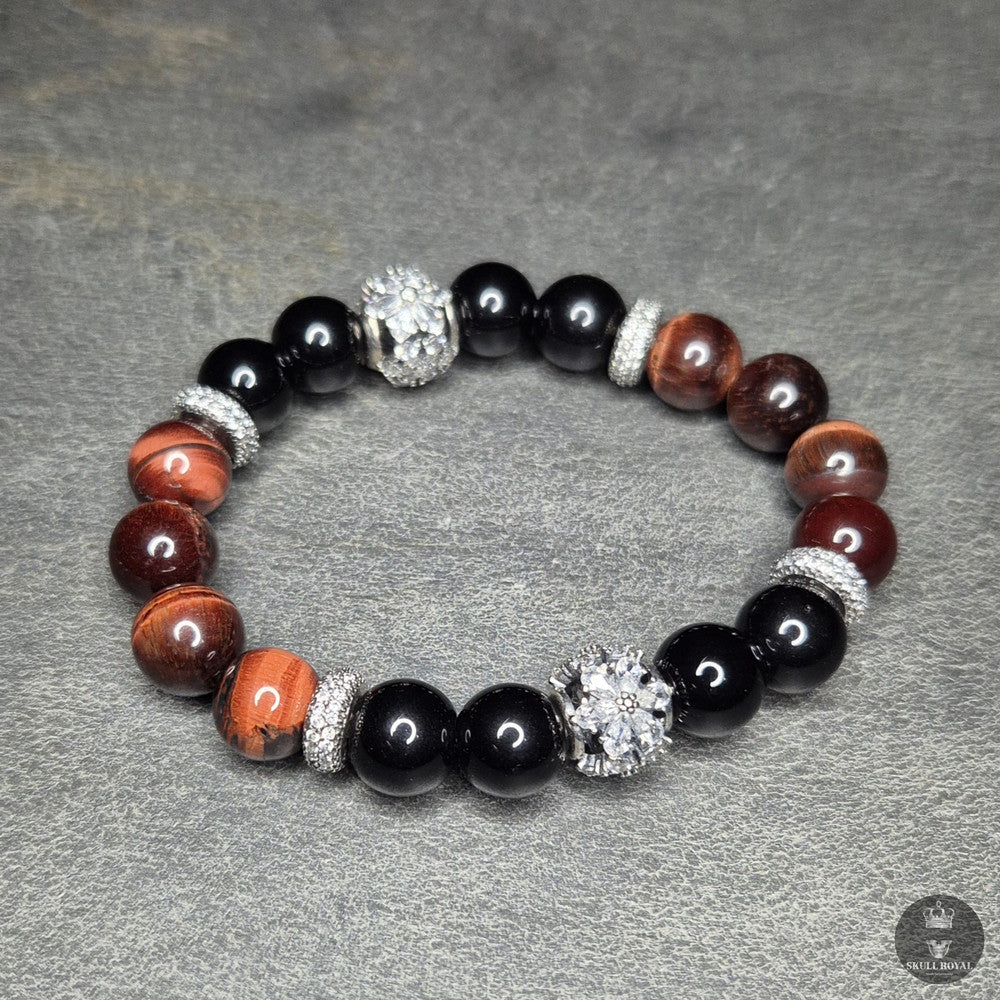Damenarmband mit 10 mm Perlen aus rotem Tigerauge und Onyx, silberne Zirkonia-Zwischenelemente, handgefertigt, SKULL ROYAL, Größe XS bis 4XL