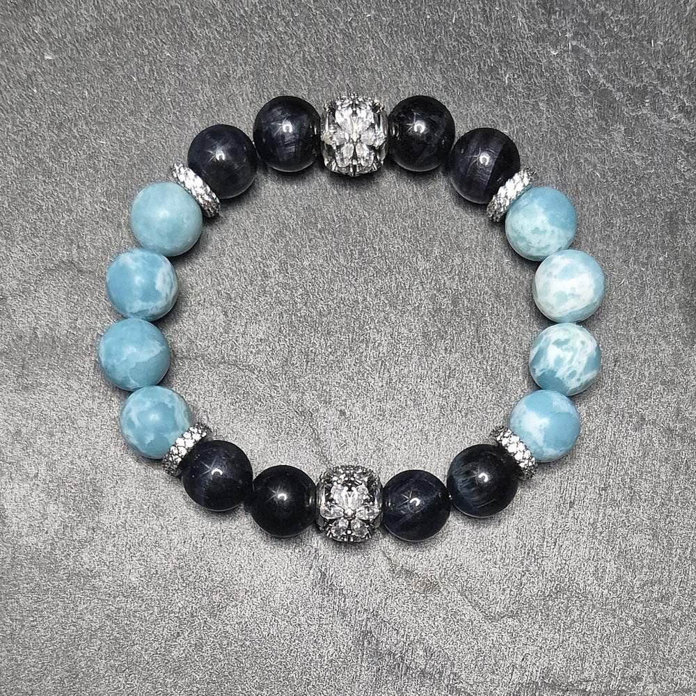 STAR DUET ROYAL P10 – Damenarmband mit Larimar, Falkenauge und silbernen Zirkonia-Zwischenelementen | SKULL ROYAL