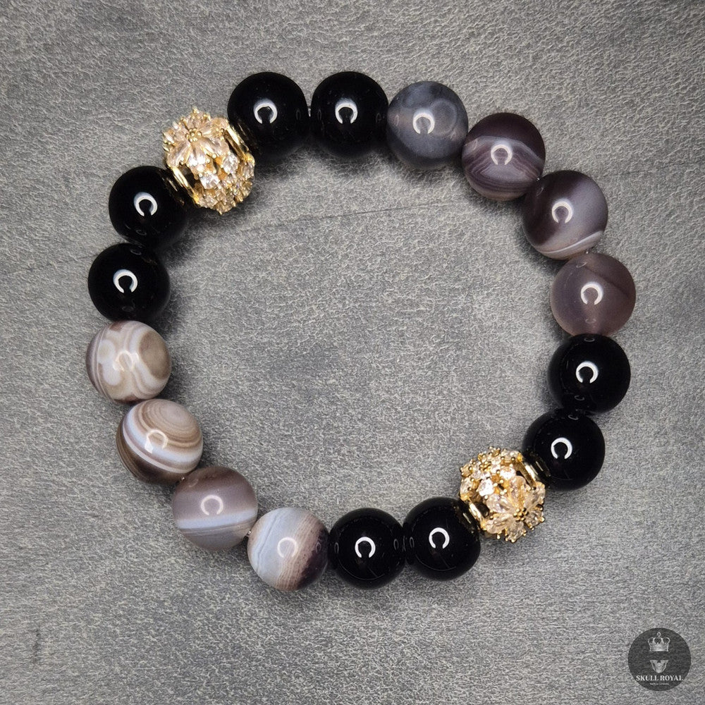 hochwertiges grosses perlenarmband star duet galaxy, natursteine brauner achat und weisser quarz, veredelt mit gelbgold zirkonia