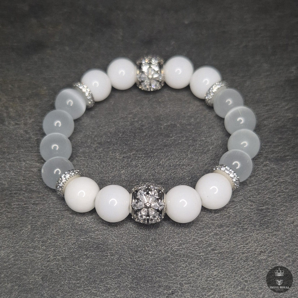 STAR DUET ROYAL P10 Damenarmband, weißer Onyx, Katzenauge, Zirkonia, silberne Spacer
