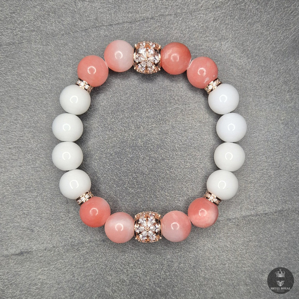 Pfirsichrosa Damenarmband mit weißen Natursteinen und Zirkonia, Korallenrosa