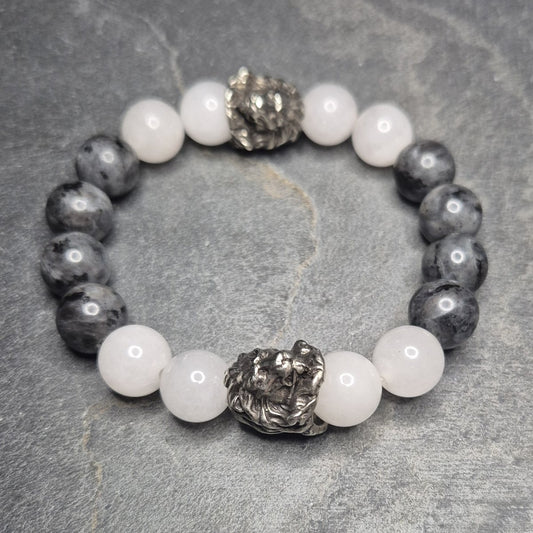 king brothers armband, weisser quarz und larvikit, silberne loewenkoepfe, 12mm herrenarmband