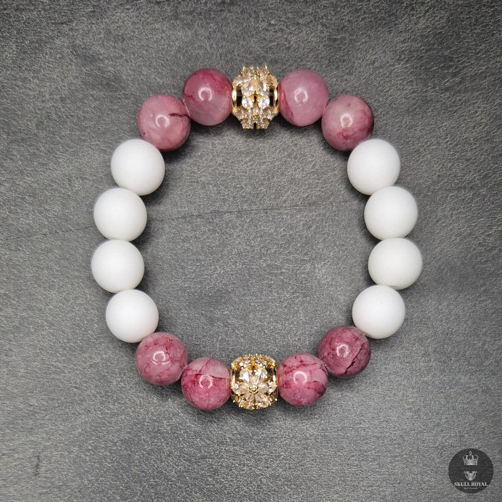 STAR DUET P10 – Damenarmband mit  rosa Achat, weißem Onyx und Zirkonia Zwischenelement | SKULL ROYAL