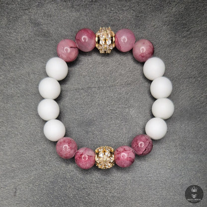 STAR DUET P10 – Damenarmband mit  rosa Achat, weißem Onyx und Zirkonia Zwischenelement | SKULL ROYAL