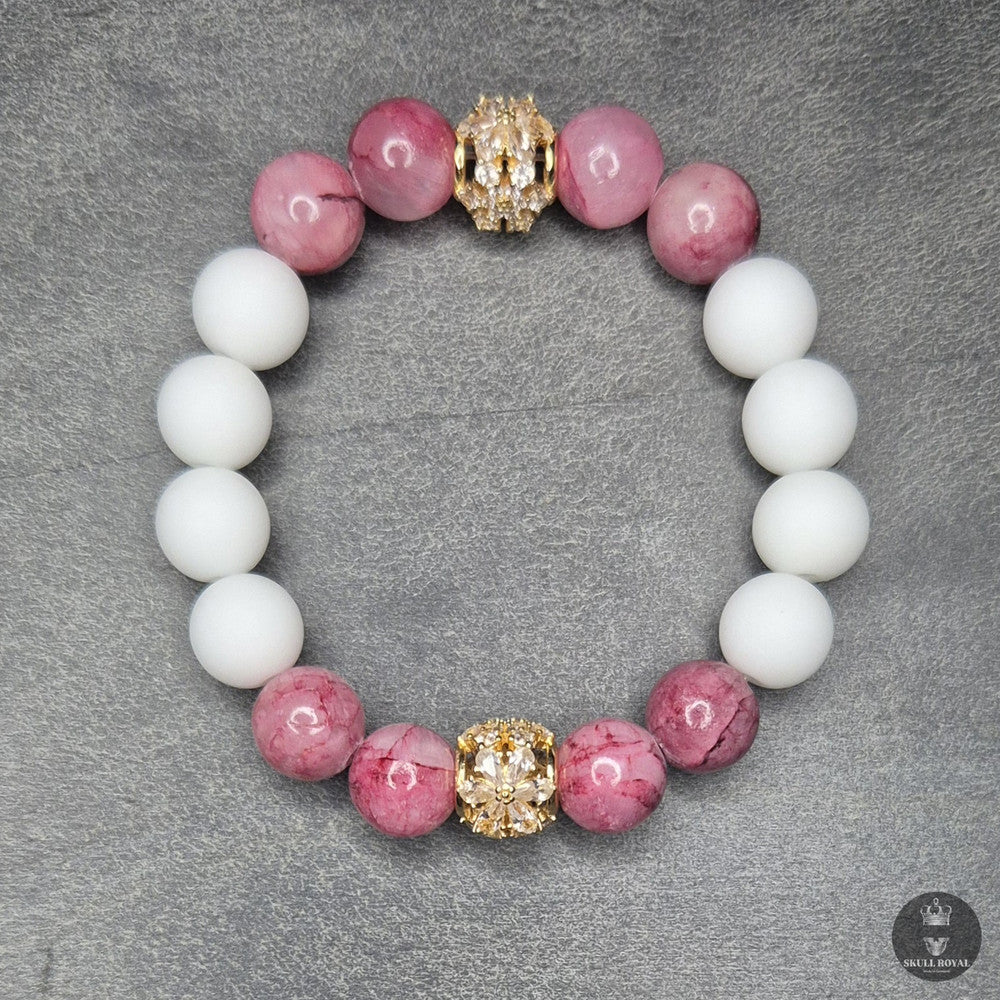 STAR DUET P10 – Damenarmband mit  rosa Achat, weißem Onyx und Zirkonia Zwischenelement | SKULL ROYAL