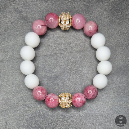 STAR DUET P10 – Damenarmband mit  rosa Achat, weißem Onyx und Zirkonia Zwischenelement | SKULL ROYAL