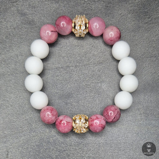 STAR DUET P10 – Damenarmband mit  rosa Achat, weißem Onyx und Zirkonia Zwischenelement | SKULL ROYAL