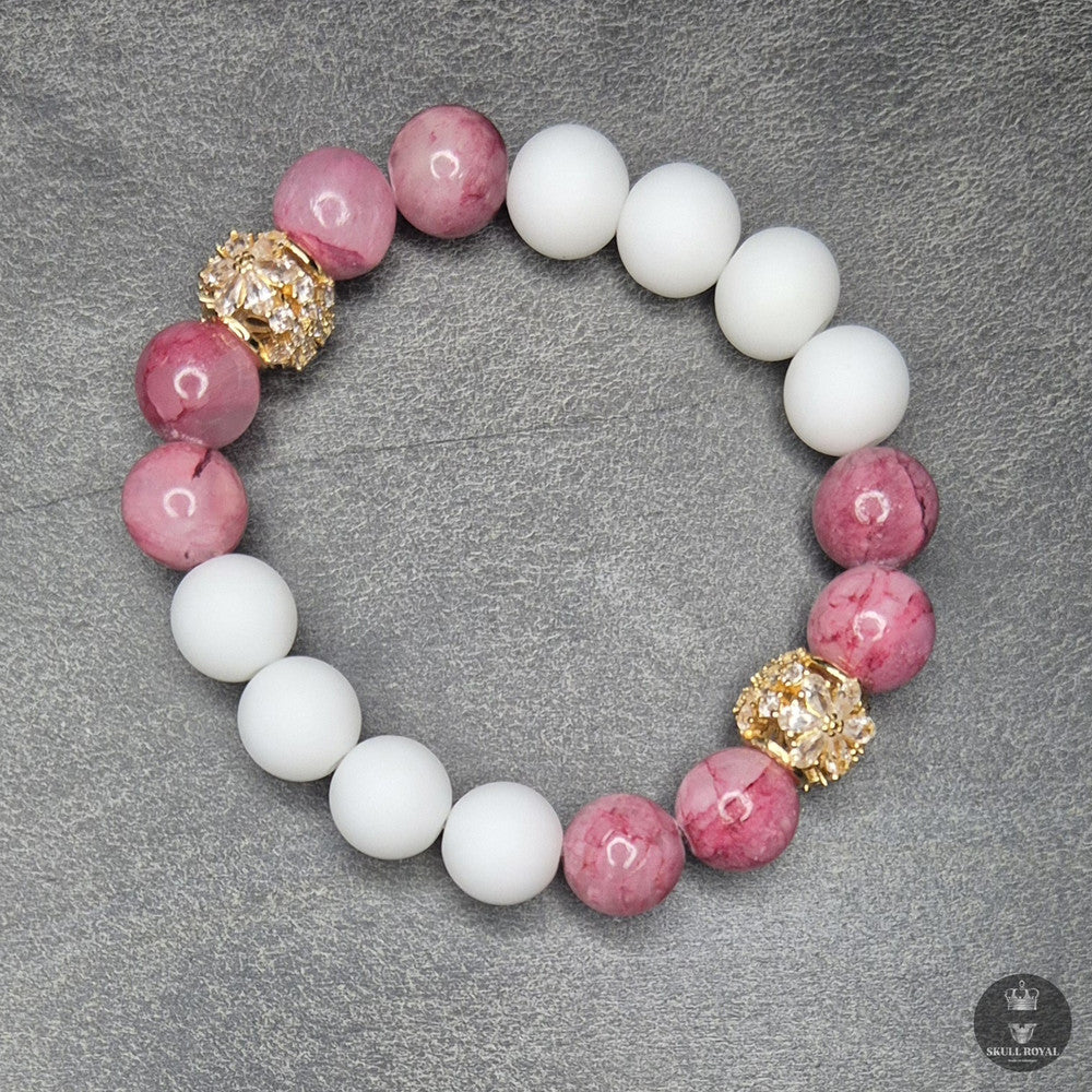 STAR DUET P10 – Damenarmband mit  rosa Achat, weißem Onyx und Zirkonia Zwischenelement | SKULL ROYAL