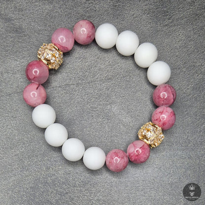 STAR DUET P10 – Damenarmband mit  rosa Achat, weißem Onyx und Zirkonia Zwischenelement | SKULL ROYAL