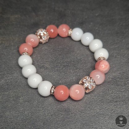  Damenarmband mit weißen Natursteinen Korallenrosa Schmuck, handgefertigt in Deutschland, erhältliund Zirkonia, ch bis 4XL Übergröße