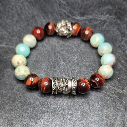 Herrenarmband SKULL KING mit rotem Tigerauge, Aqua Terra Jasper (Impression Jasper, Variscit-Jaspis), Löwenkopf und Totenkopf, hergestellt in Deutschland, Loe­wenarmband und Totenkopfarmband aus Natursteinen