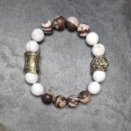 Markantes Herrenarmband mit echten Steinen und goldfarbenem Löwenkopf, Unikatgröße 22cm