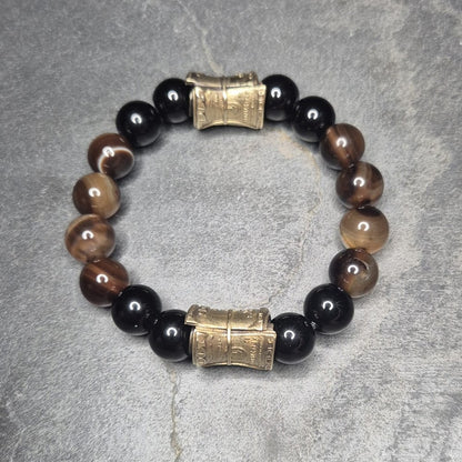 Herrenarmband aus schwarzem Onyx und gebändertem Achat mit goldener Geldrolle, SKULL ROYAL