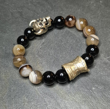 Luxus Herrenarmband gross, CASH DEVIL, Achat braun weiss gestreift, Onyx schwarz, handgefertigt in Deutschland

