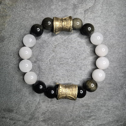 CASH BROTHERS P12 – Herrenarmband aus schwarzem Tigerauge, weißer Jade und zwei Geldrollen | SKULL ROYAL