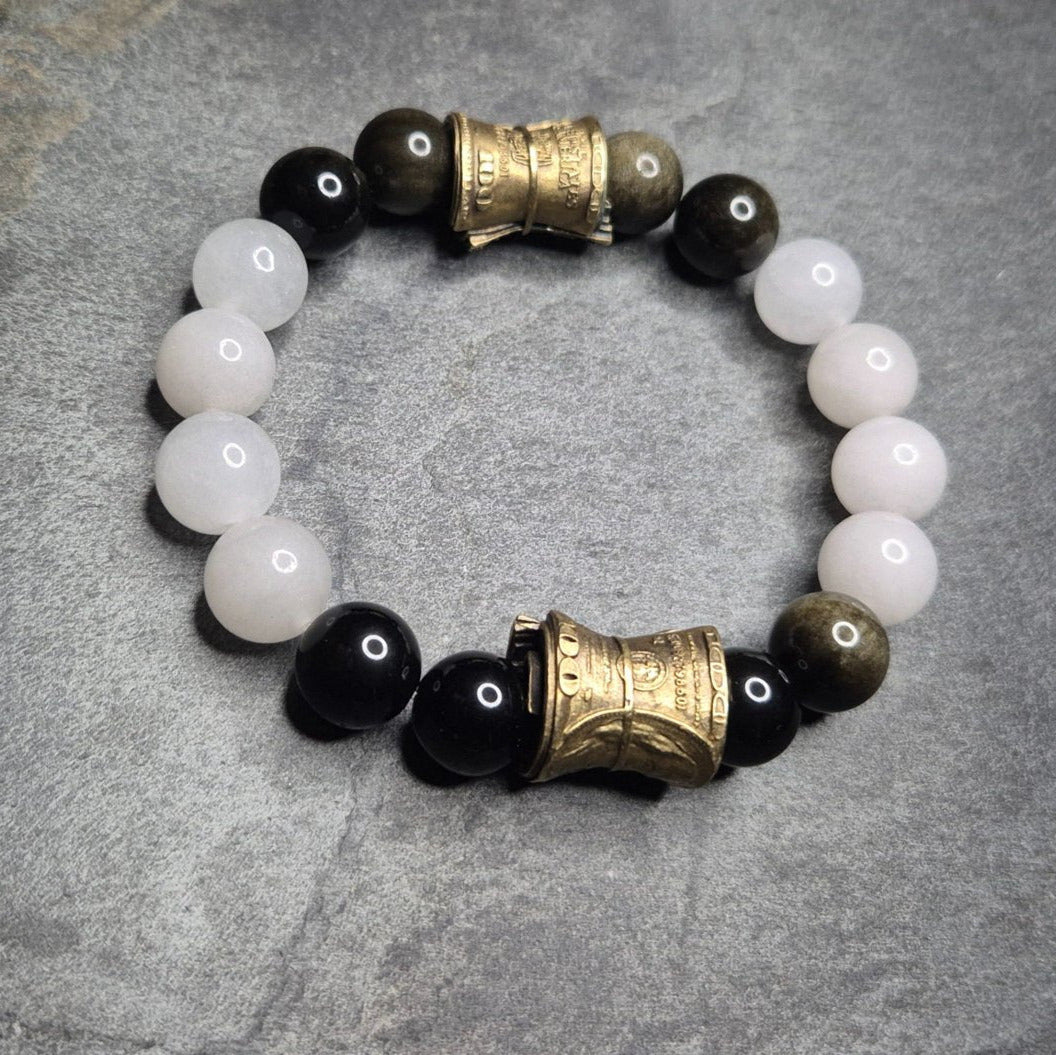 CASH BROTHERS P12 – Herrenarmband aus schwarzem Tigerauge, weißer Jade und zwei Geldrollen | SKULL ROYAL