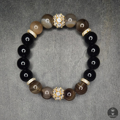 damenarmband glam royal p12 12mm onyx und gebaenderter achat goldene zwischenteile