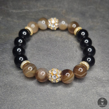 glam royal p12 damenarmband mit schwarzem onyx und braunem gebaendertem achat zirkonia elemente handgefertigt in deutschland