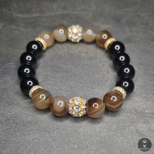 glam royal p12 damenarmband mit schwarzem onyx und braunem gebaendertem achat zirkonia elemente handgefertigt in deutschland