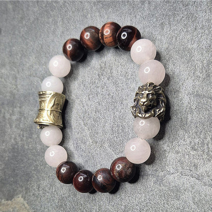 Exklusives Herrenarmband mit goldfarbenem Loewenkopf, Tigerauge, rosequarz und Geldrolle, Groessen bis XXXL
