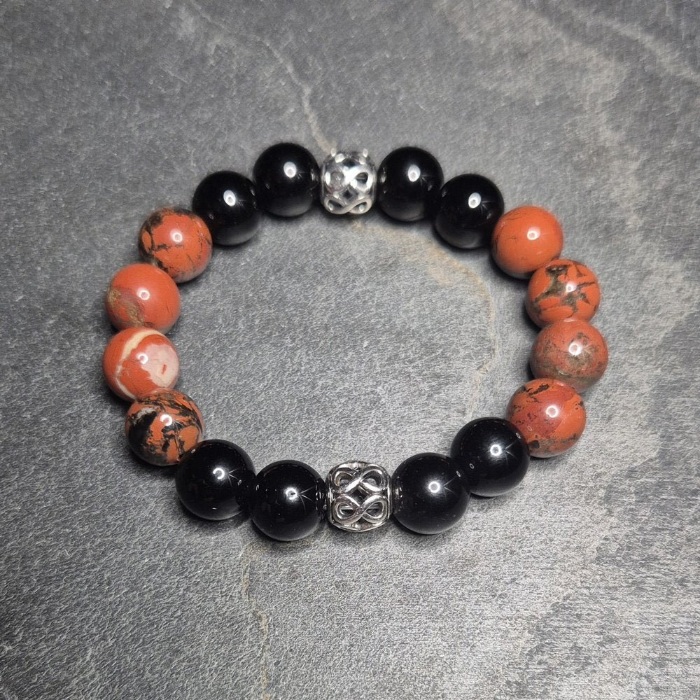 INFINITE ROYAL Armband, Onyx und Brecciated Red Jasper, Doppel-Unendlichkeits-Element, handgefertigt in Deutschland, Groessen bis XXXL