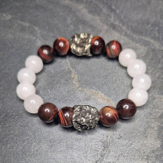 Herrenarmband aus rotem Tigerauge und weißem Quarz, silberfarbener Löwenkopf, Perlengröße 12mm, handgefertigt