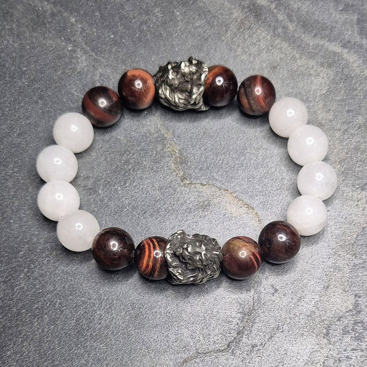 Biker-Armband in rot und weiß, rote Tigerauge-Perlen, weißer Quarz, 12mm groß, Männerarmband von SKULL ROYAL