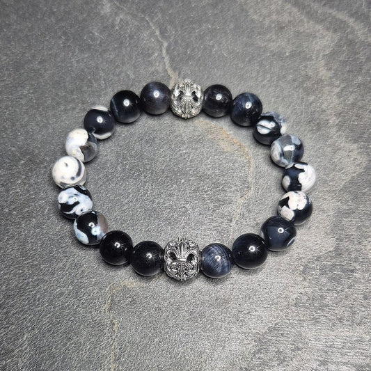 Armband mit 10 mm Drachenachat und Falkenauge, Royal Guard Design, handgefertigt in Deutschland