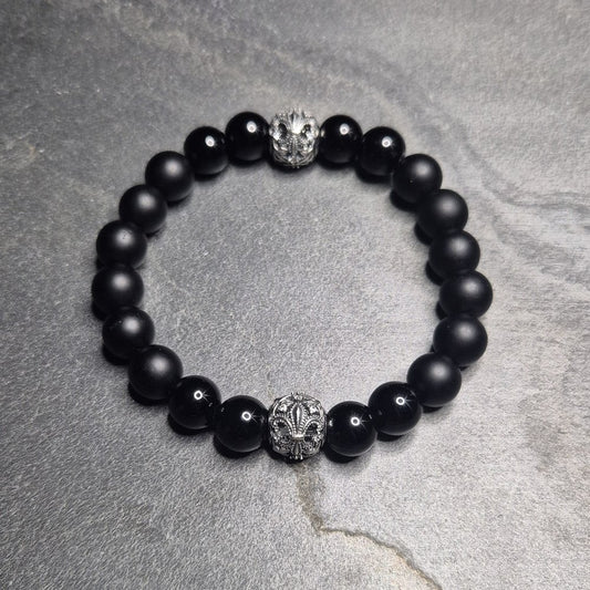 Herrenarmband Onyx, silbernes Wappenelement, Royal Guard, 10mm Perlen, Made in Germany