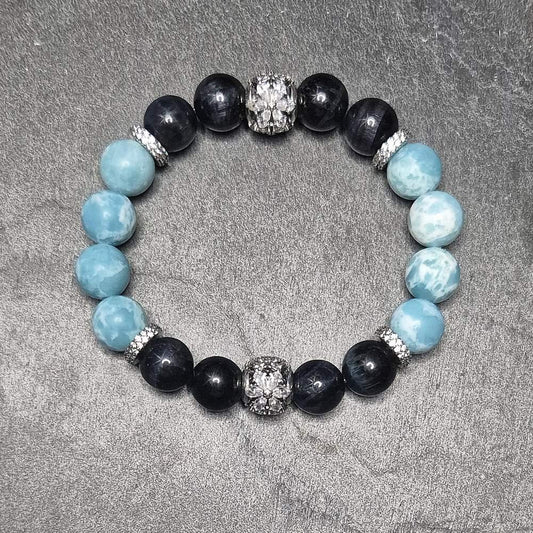 STAR DUET ROYAL P10 – Damenarmband mit Larimar, Falkenauge und silbernen Zirkonia-Zwischenelementen | SKULL ROYAL