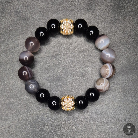 exklusives armband fuer frauen, braun lila botswana achat kombiniert mit schwarzem onyx, zirkonia gelbgold, armband uebergroesse bis 4xl