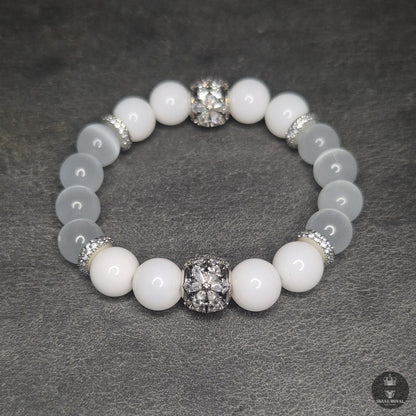 STAR DUET ROYAL P10 Damenarmband, weißer Onyx, Katzenauge, Zirkonia, silberne Spacer