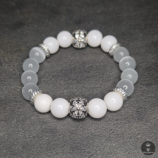 STAR DUET ROYAL P10 Damenarmband, weißer Onyx, Katzenauge, Zirkonia, silberne Spacer